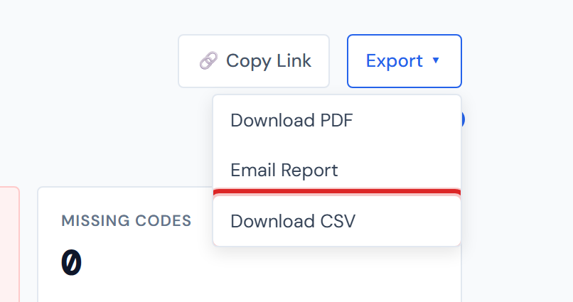 JCI Dashboard Job Detail page header with the Export dropdown open, showing three menu items (Download PDF, Email Report, Download CSV) with Download CSV highlighted on hover.