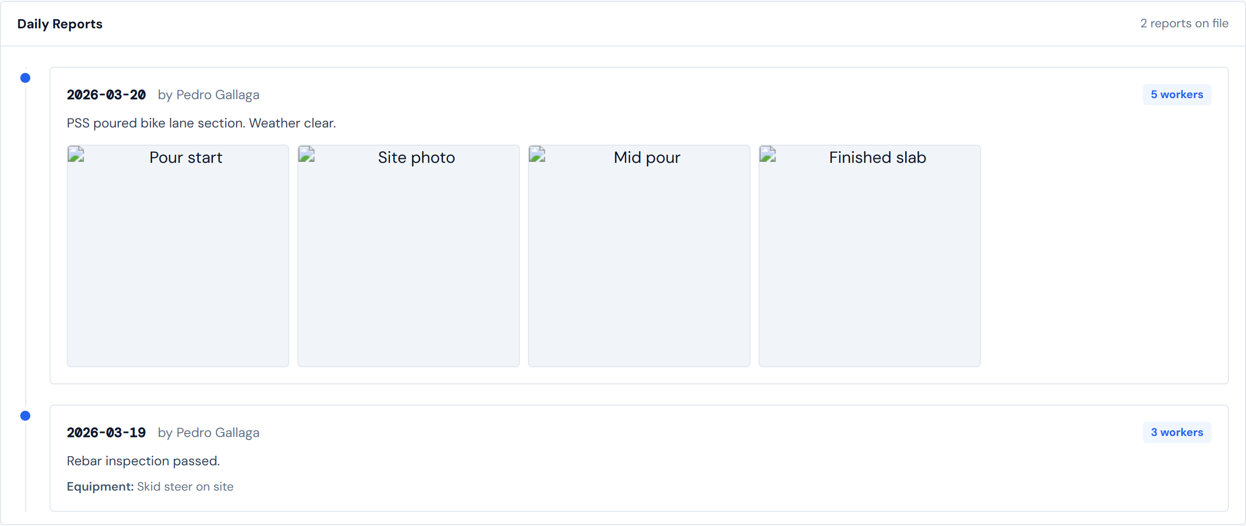 JCI Dashboard Job Detail Field Data Daily Reports sub-tab showing a vertical timeline of daily report cards, newest first, each card containing a date, submitter name, sub-crew worker pill, a work description paragraph, and a 4-column thumbnail grid of site photos