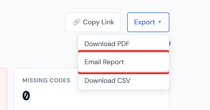 JCI Dashboard Job Detail page header with the Export dropdown open, showing three menu items (Download PDF, Email Report, Download CSV) with Email Report highlighted on hover.
