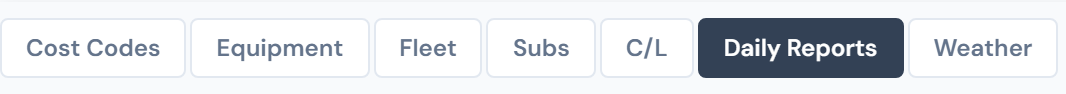 Close-up of the Field Data sub-tab bar showing the seven sub-tab pills, with the Daily Reports pill highlighted in dark slate as the active sub-tab