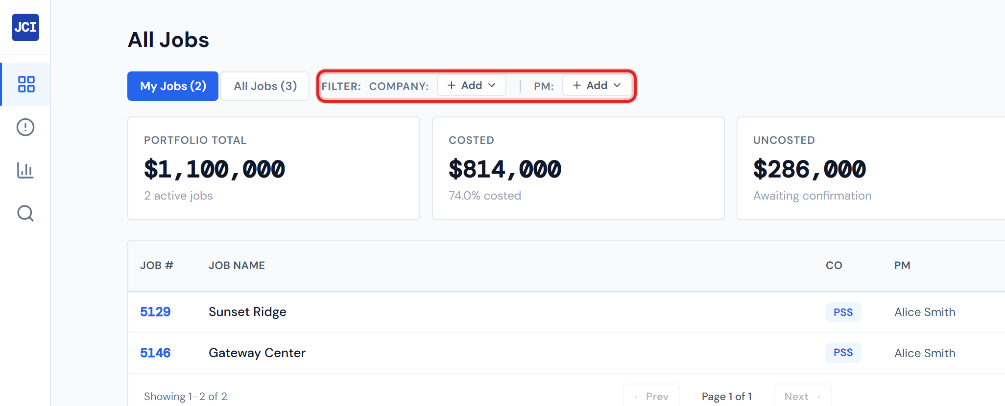 JCI Dashboard All Jobs filter row in its empty state, showing the FILTER label on the left, a Company group with no chips and an Add button, a vertical separator, and a PM group with no chips and an Add button, with no Clear all link visible because no filters are active