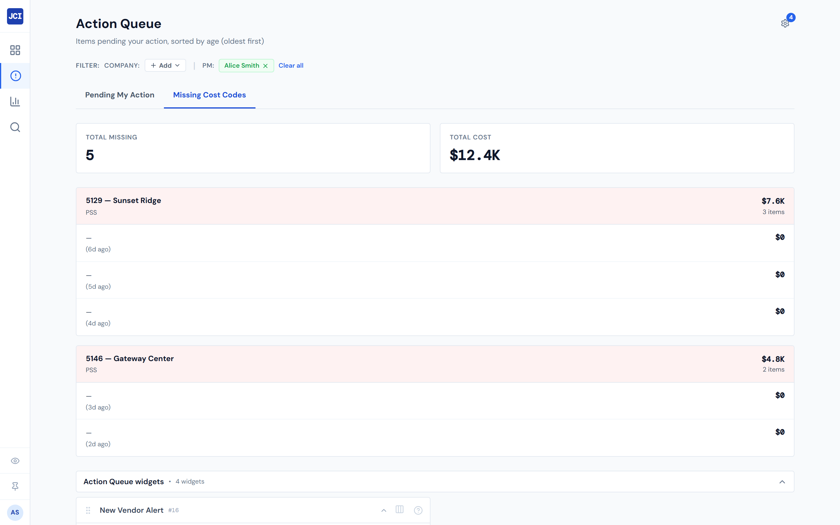 JCI Dashboard Action Queue Missing Cost Codes tab showing the two summary cards at the top reading total missing items and total cost in dollars, then a list of labor entries grouped by job with the newest entries at the top