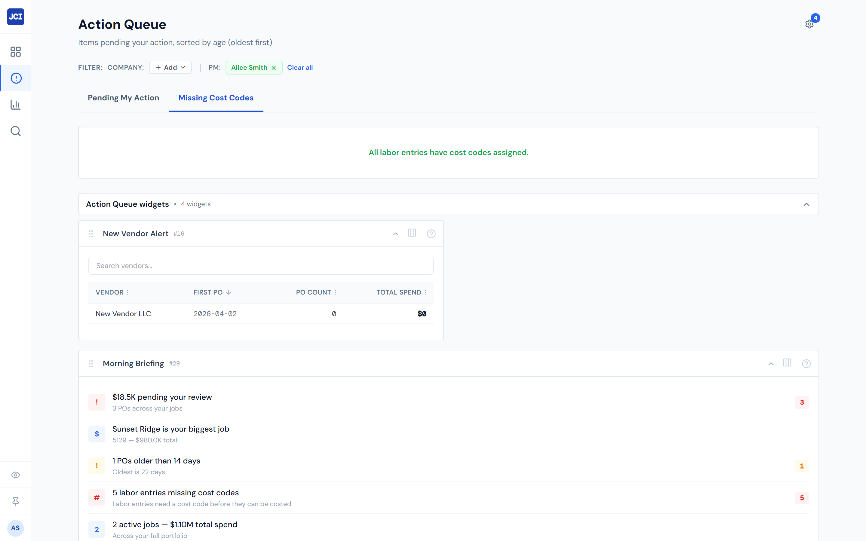 JCI Dashboard Action Queue Missing Cost Codes tab in its clean state showing the green empty state message reading All labor entries have cost codes assigned with the two summary cards both reading zero
