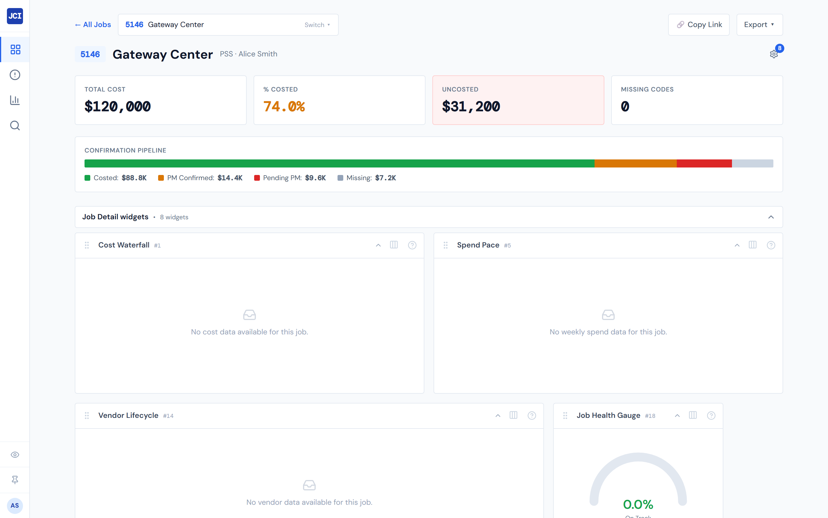 JCI Dashboard Job Detail page section header in its expanded state — a horizontal bar containing the title Job Detail widgets, a bullet separator, the text 6 widgets, and an upward-pointing chevron on the right side, with widget cards visible directly below.