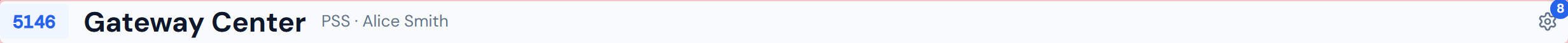 Close-up of the JCI Dashboard Job Detail header strip showing the monospace job number 5164 in a brand-blue rounded chip, the project name in bold, then in lighter gray text the company name PSS and the PM name Jared, with a settings gear icon on the far right