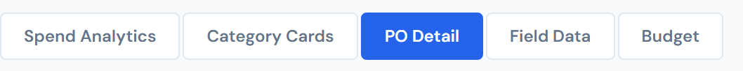 Close-up of the JCI Dashboard Job Detail sticky tab bar showing five pill-shaped buttons in order Spend Analytics, Category Cards, PO Detail, Field Data, Budget, with the PO Detail tab in solid blue indicating it is the active tab