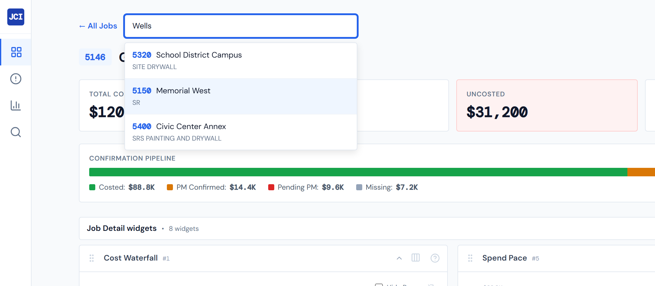 JCI Dashboard Job Selector dropdown opened with the search input containing the query Wells, showing the matching job results below — each row containing the job number on the left in monospace and the job name in the middle on the top line, with the company name underneath in lighter text.