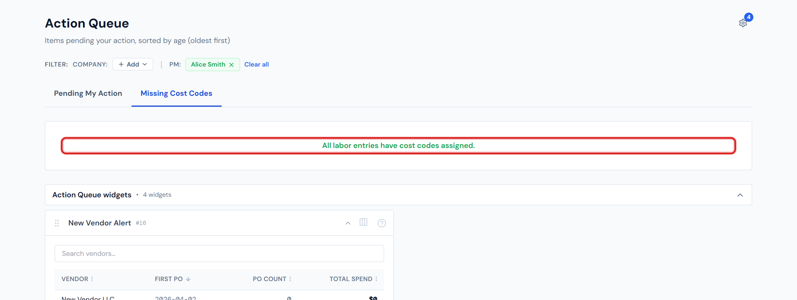 Missing Cost Codes tab showing the empty state card centered on the page with green text reading All labor entries have cost codes assigned