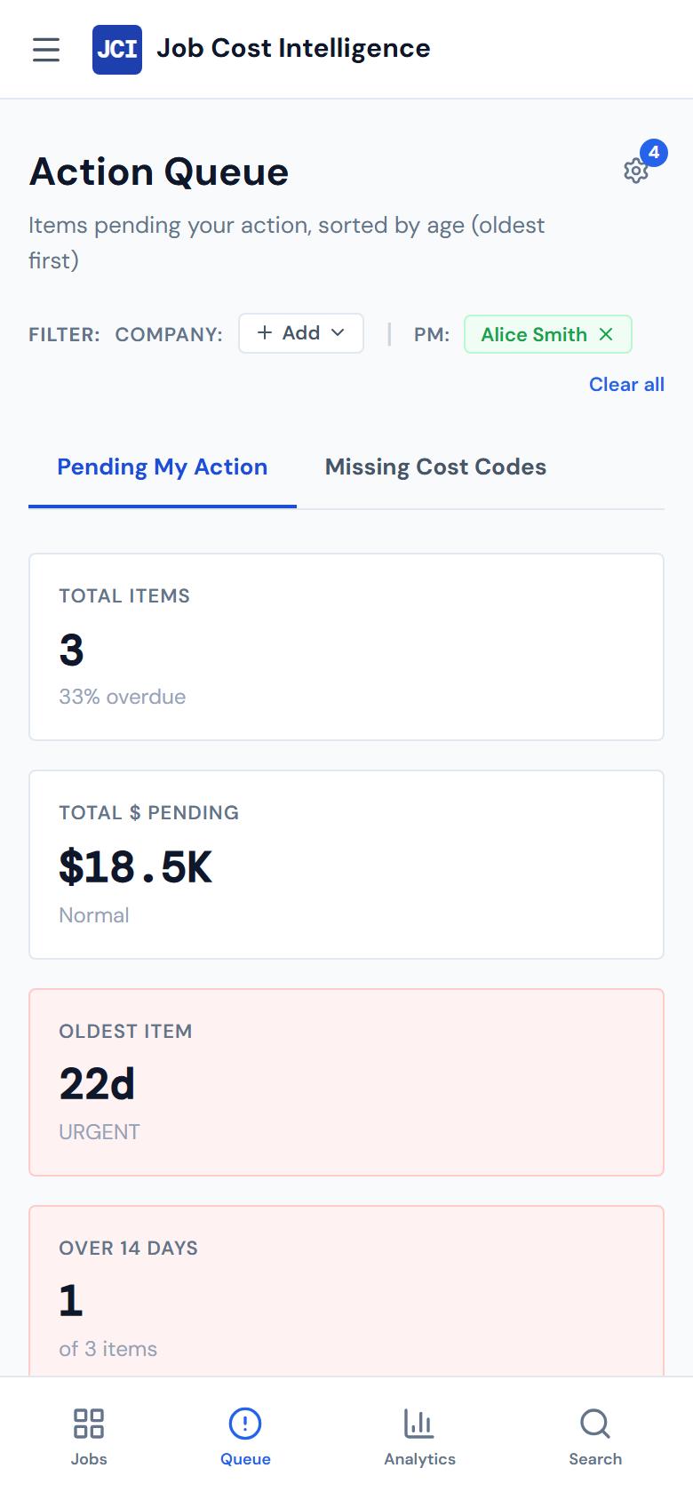 JCI Dashboard Action Queue page on a 390-pixel-wide iPhone, showing the mobile header at top with hamburger icon and JCI brand, four stacked summary cards filling the page width, the start of the queue table below, and the bottom nav with the Action Queue icon highlighted in blue