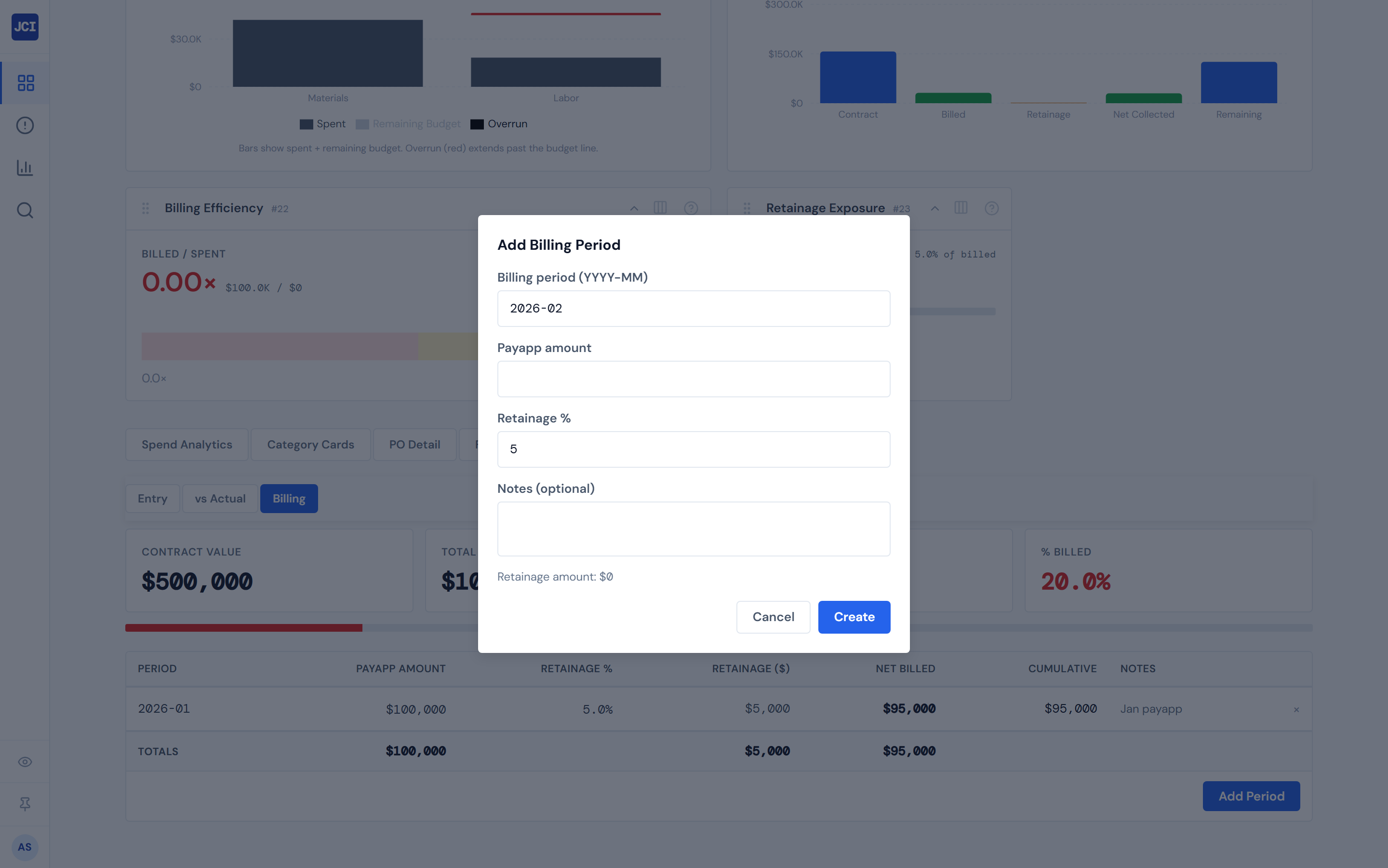 JCI Dashboard Job Detail Budget tab Billing sub-tab on a job with the Add Billing Period modal open showing the auto-suggested next month period and an empty payapp amount input ready for the month's billing entry