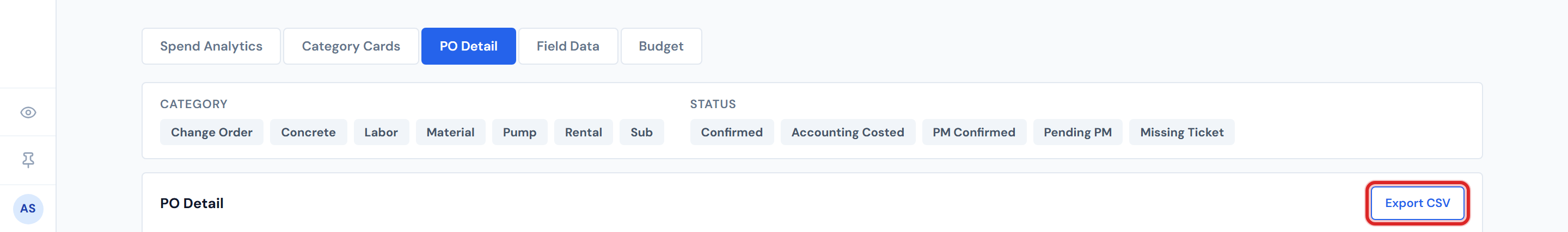 JCI Dashboard Job Detail PO Detail tab with the Export CSV button highlighted at the table header and a small overlay showing the resulting CSV file name in the browser download bar at the bottom of the screen