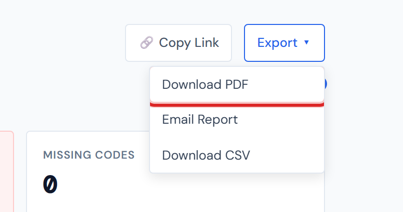 JCI Dashboard Job Detail page header with the Export dropdown open, showing three menu items (Download PDF, Email Report, Download CSV) with Download PDF highlighted on hover.