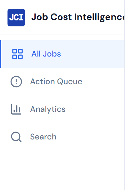 JCI Dashboard sidebar in expanded state showing pin icon at top, eye toggle for hiding widgets, search button, three navigation items labeled All Jobs, Action Queue, and Analytics, and the user initials circle at the bottom