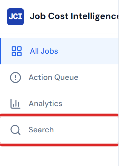 JCI Dashboard expanded left sidebar showing the Search nav item with a magnifier icon and the label Search beside it, sitting below the All Jobs, Action Queue, and Analytics nav items