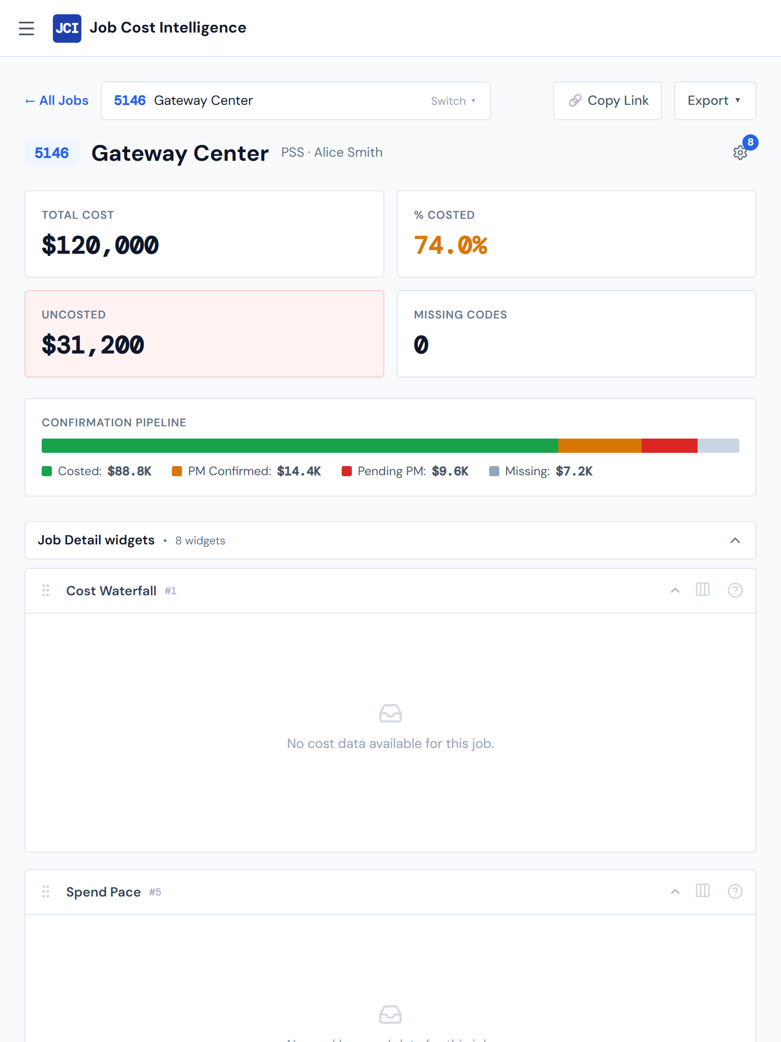 JCI Dashboard Job Detail page at 768 pixels wide showing the job header at top, four scorecards in a two-by-two grid below, and the Category Cards section reflowed to a two-column grid showing Labor and Concrete in the top row, Material and Sub in the second row