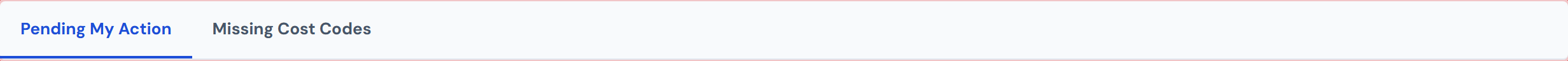 Action Queue tab navigation showing two tabs labeled Pending My Action and Missing Cost Codes, with Pending My Action selected and underlined in blue