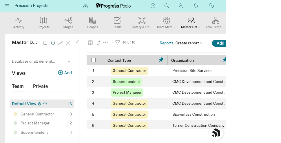 Master Database (Contacts) list view