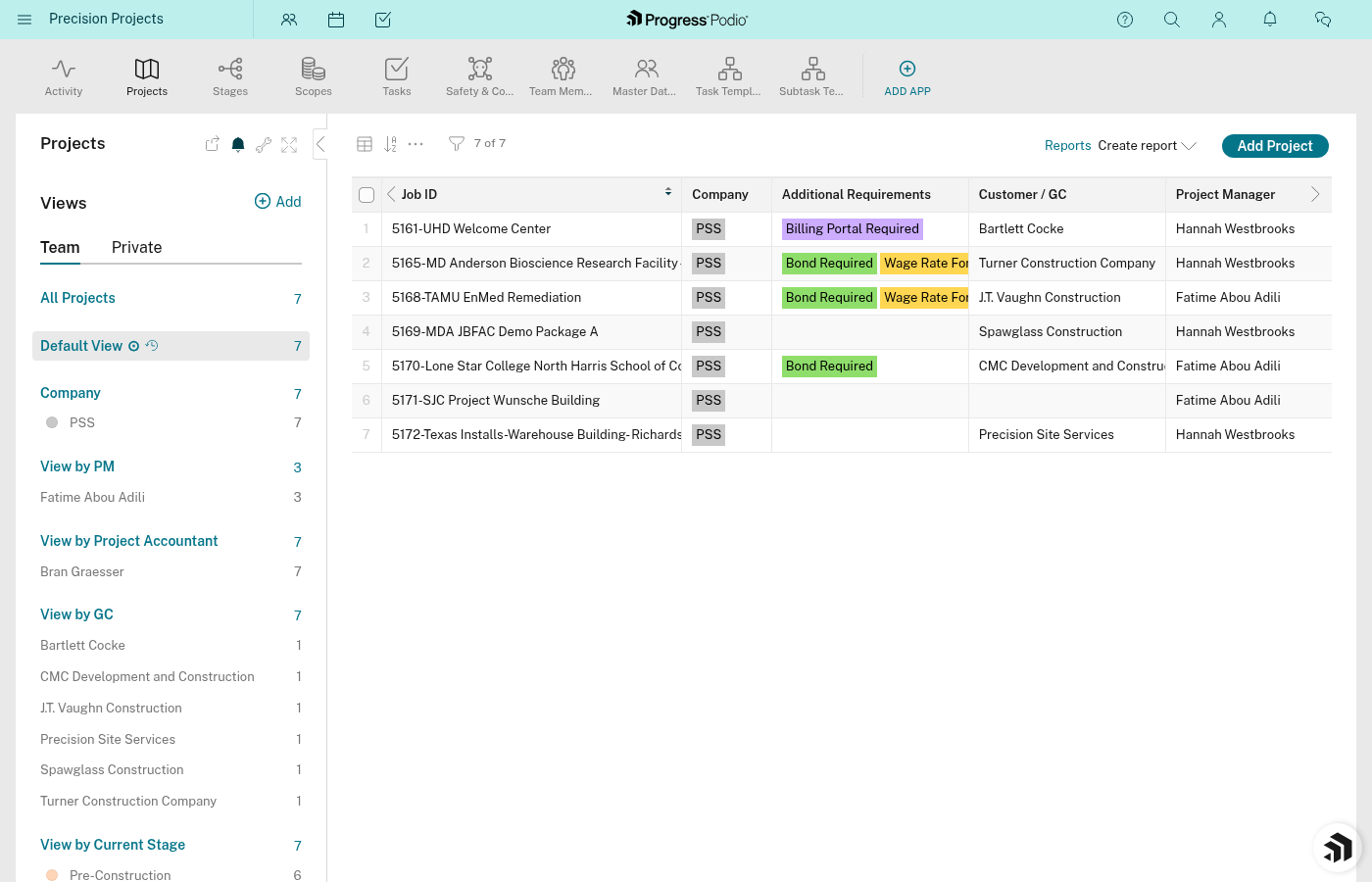 Projects list view showing multiple projects
