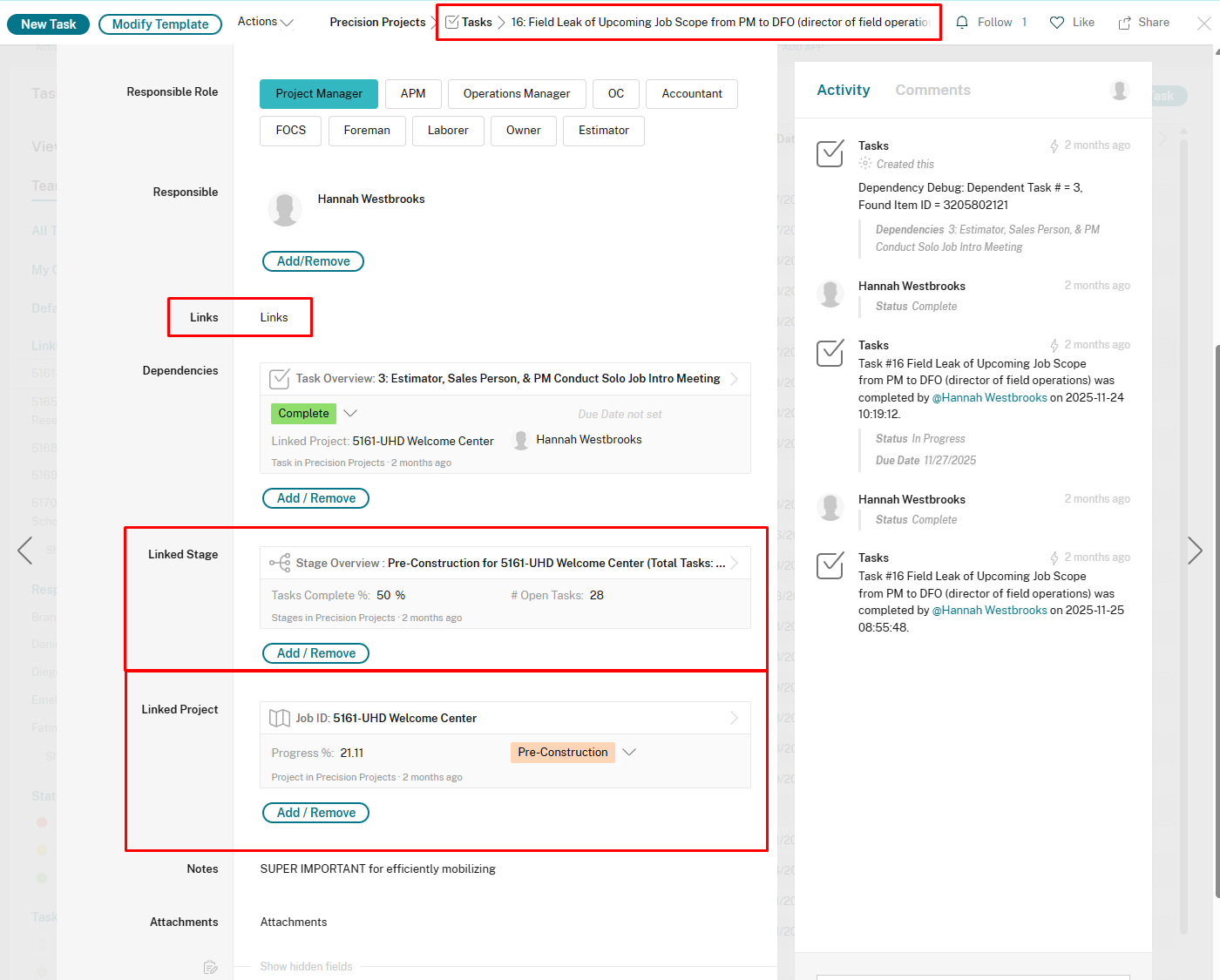 Task detail page with Status dropdown showing Complete option