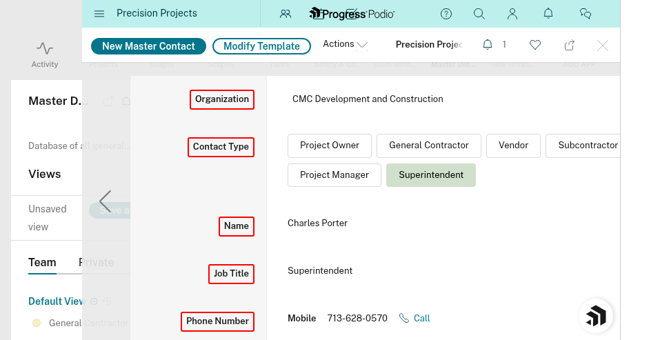 Contact detail page showing fields