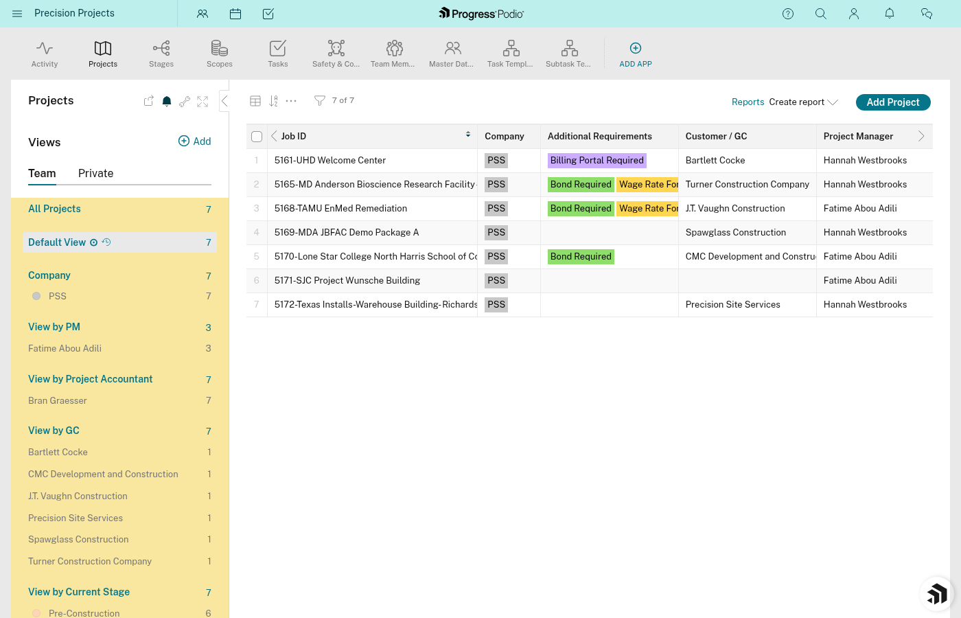 Projects app with filter sidebar visible