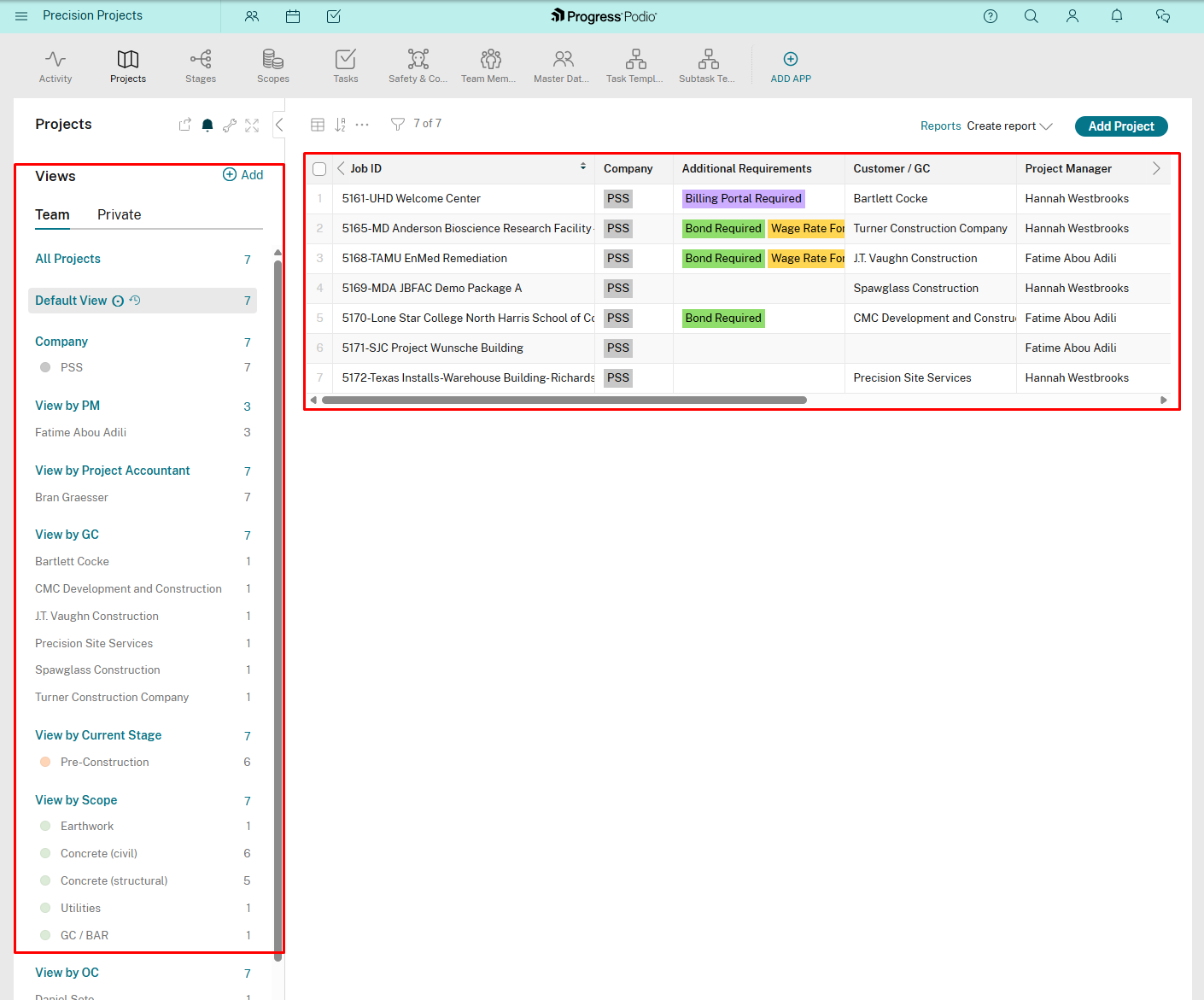 Projects list with filter sidebar and data table
