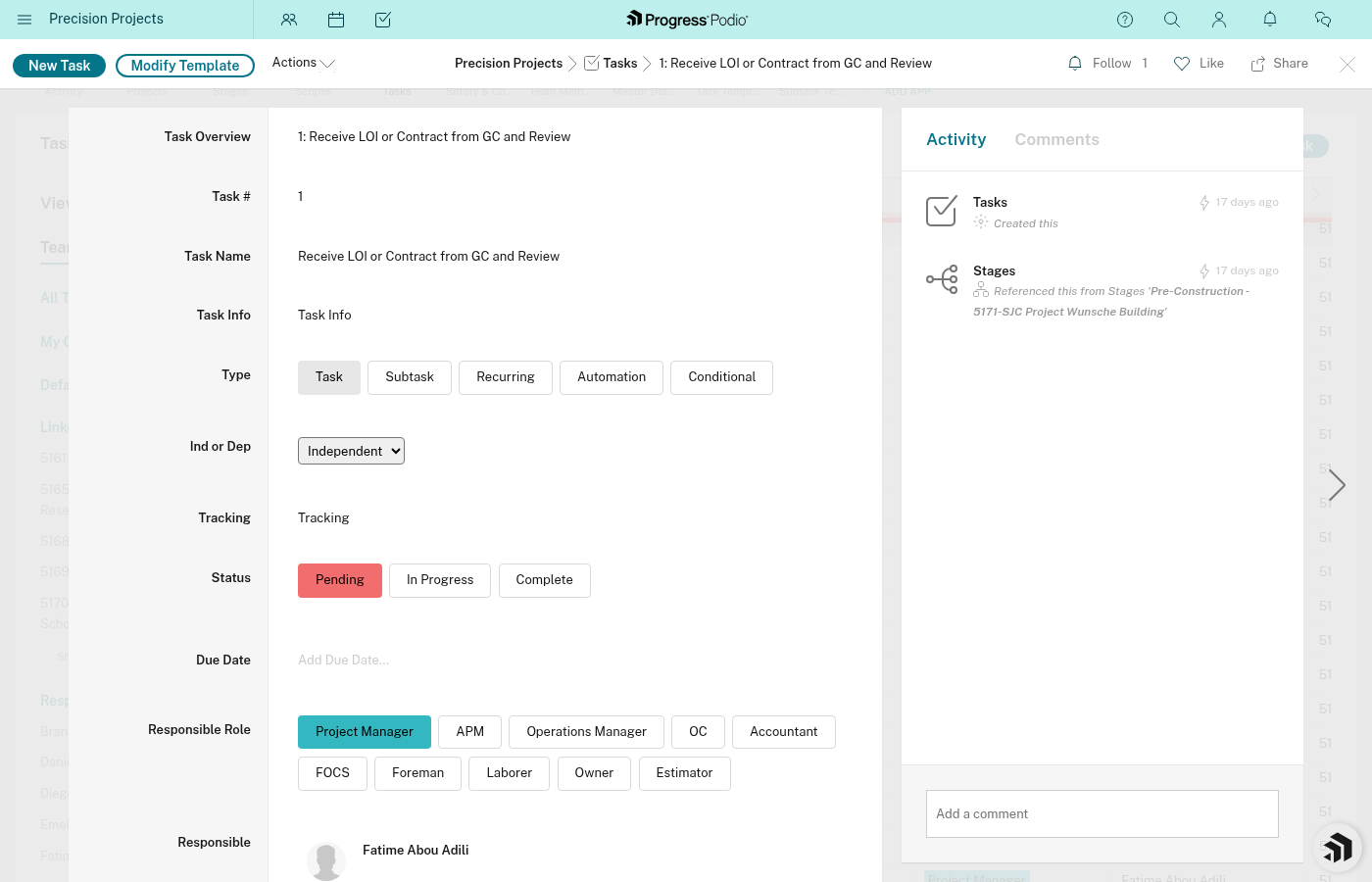 Stage showing Task Overview filling in with tasks after activation