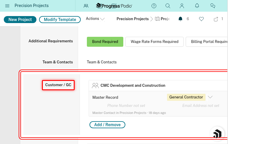 Customer/GC field showing contact selection