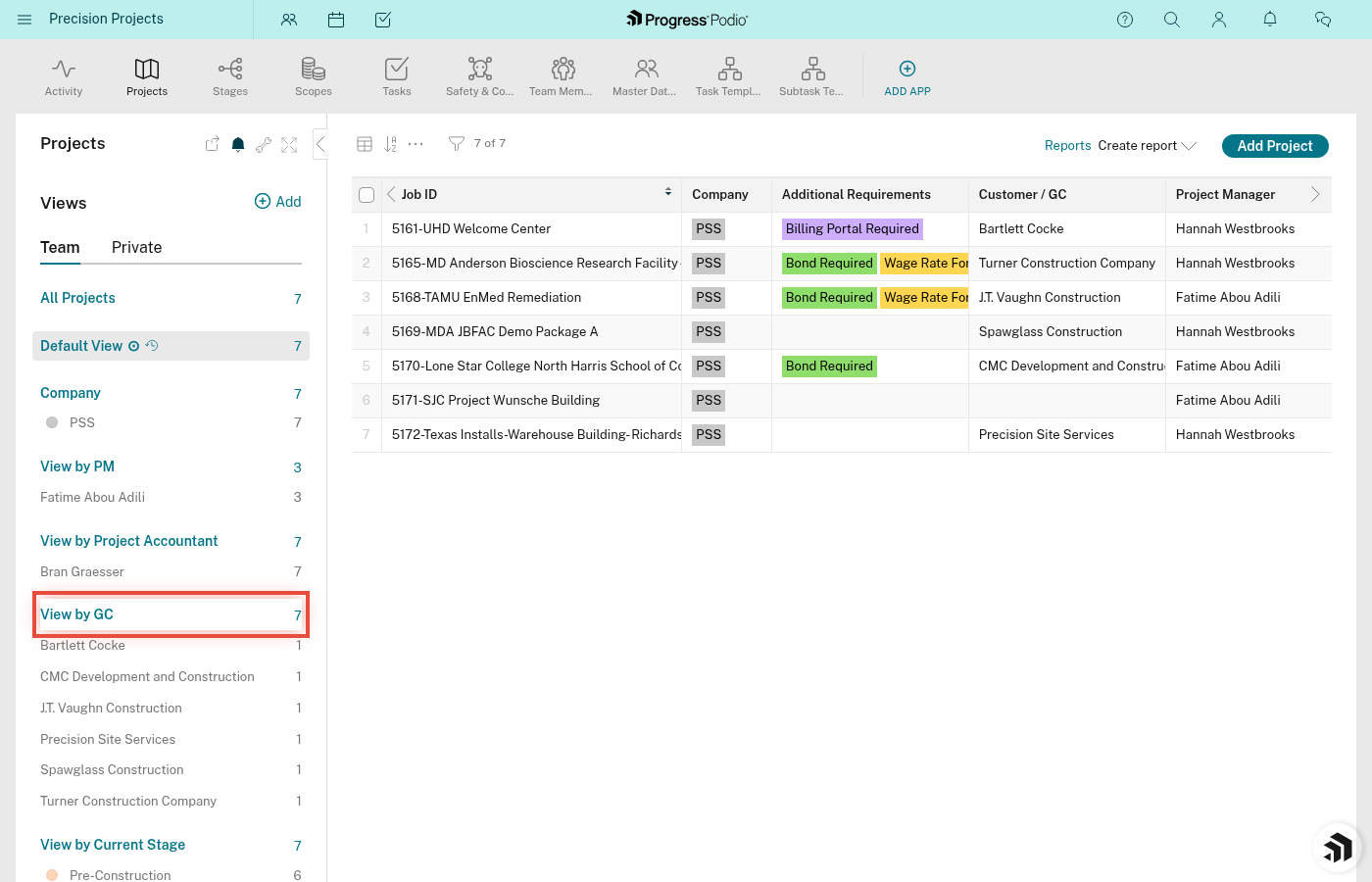 Company filter showing all projects for one GC