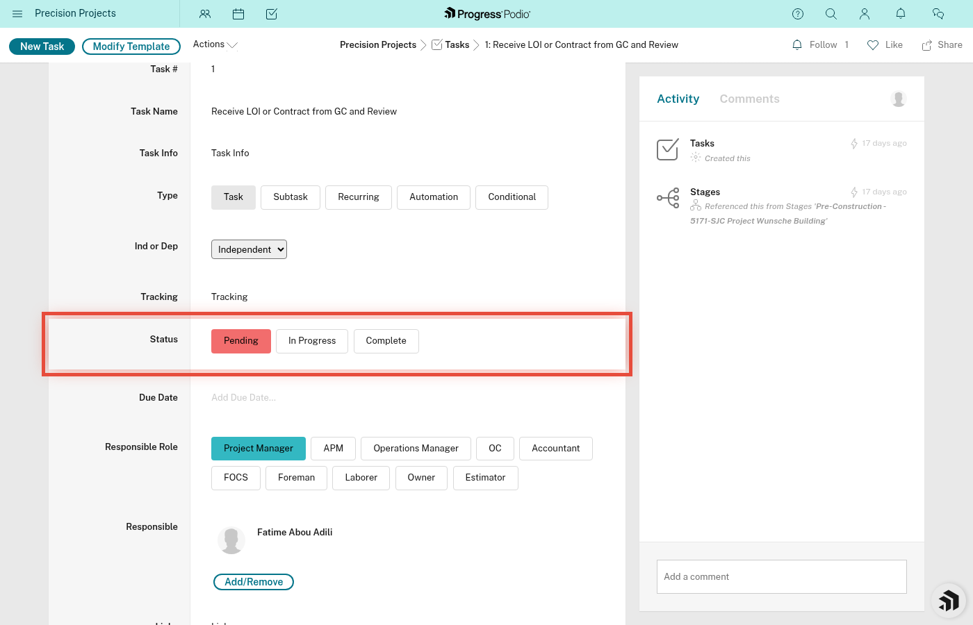 Task card showing Status field and Attachments area