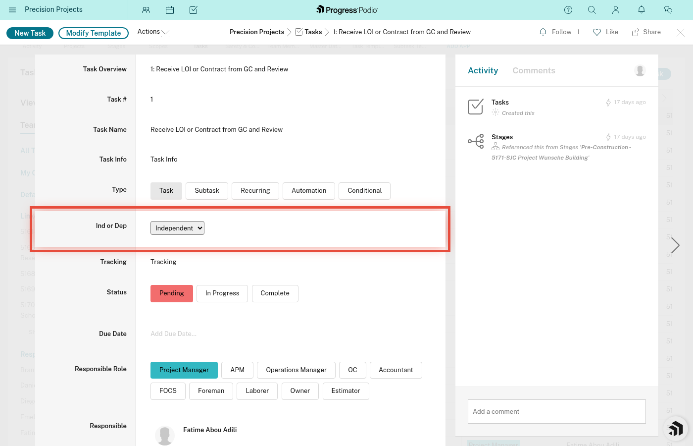 Task showing Ind or Dep = Dependent and Dependencies field listing prerequisite task