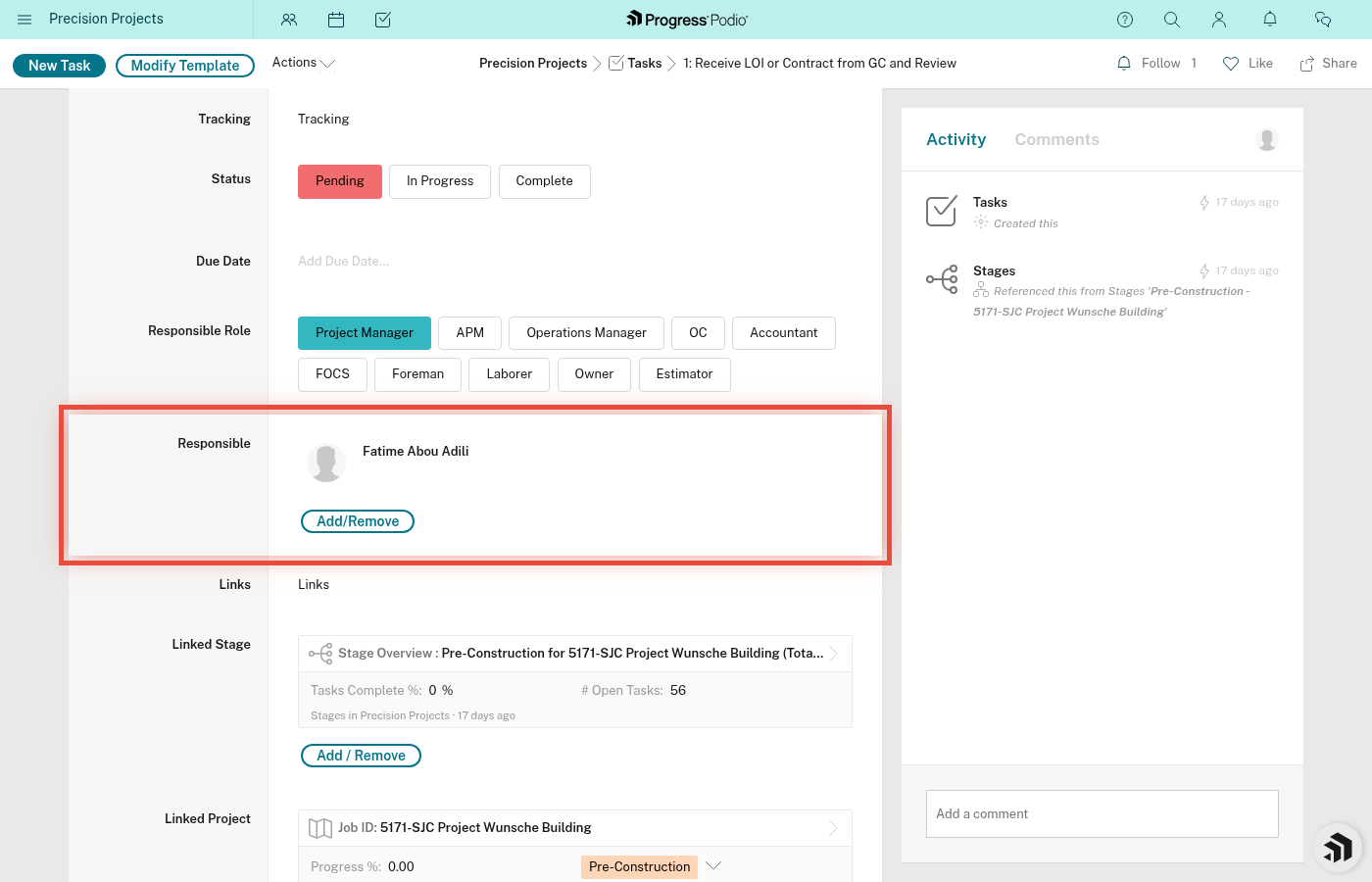 Tasks app with filter showing "Responsible = My name"