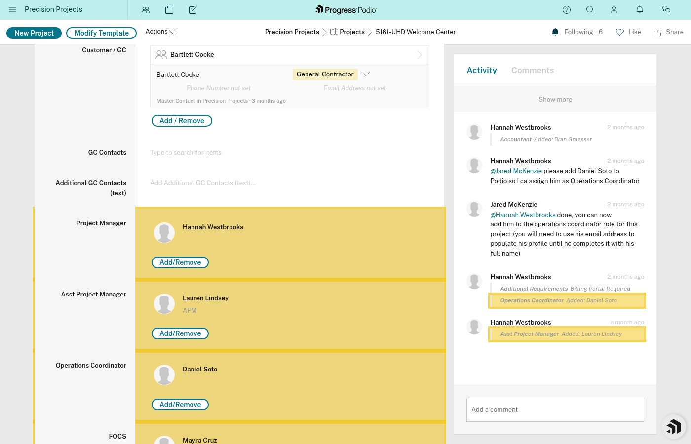 Team member fields (PM, OC, FOCS, Foreman) with dropdown selectors