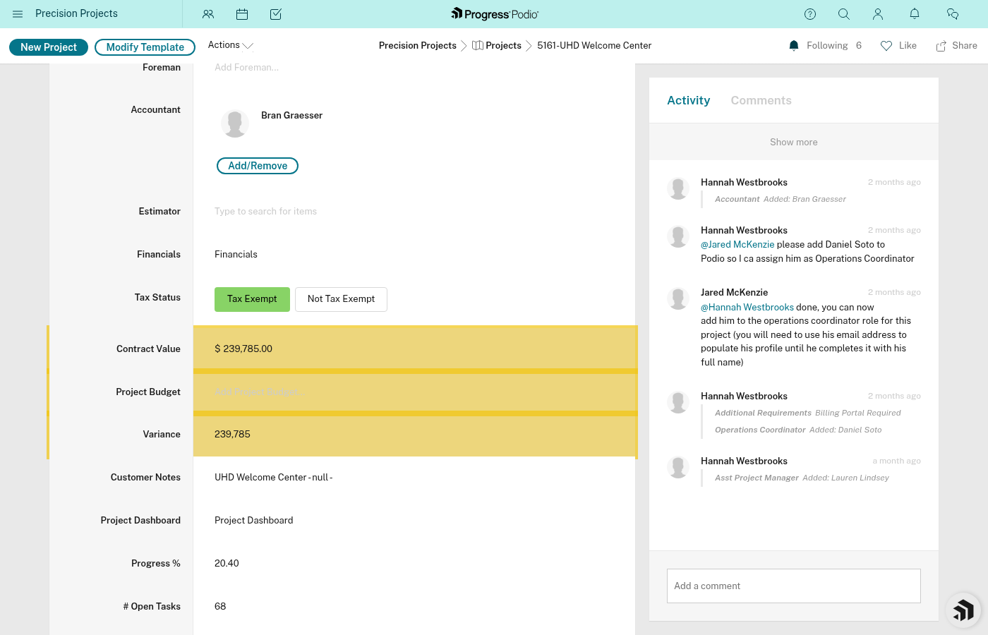 Budget fields showing Project Budget, Contract Value, and Variance