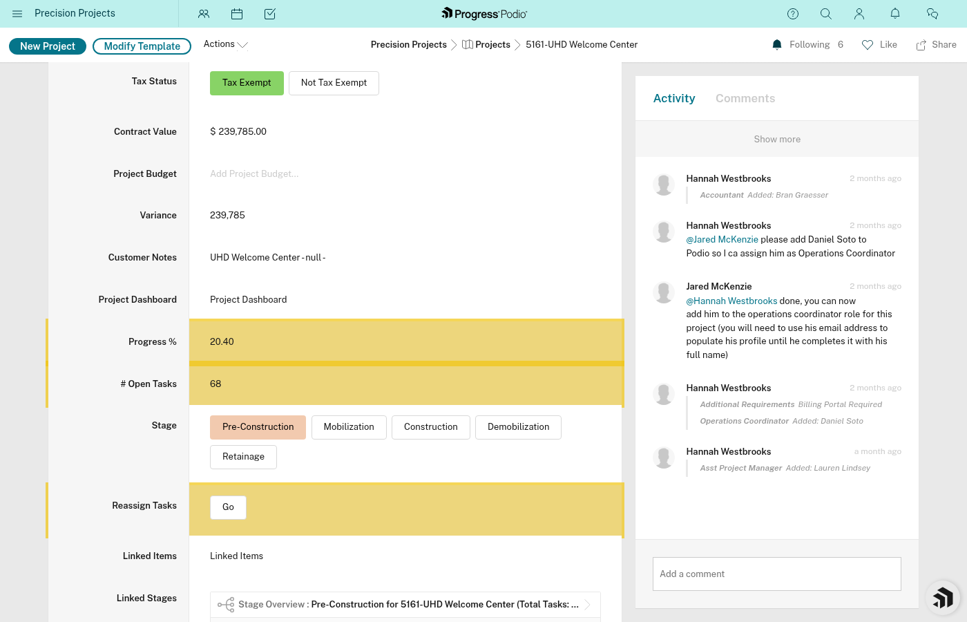 Before/After of dependent task changing from Pending to In Progress