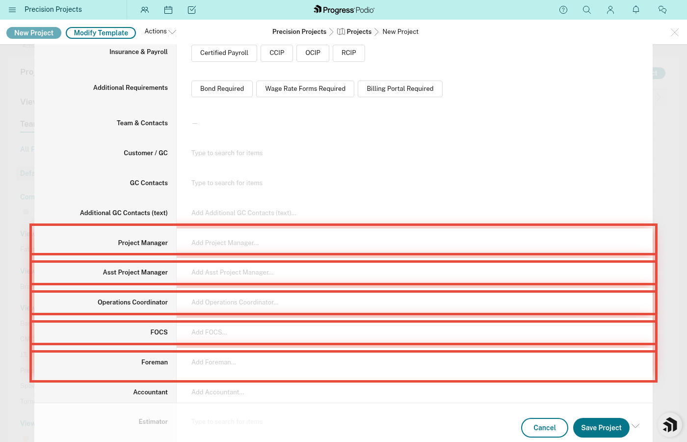 Team member dropdown fields