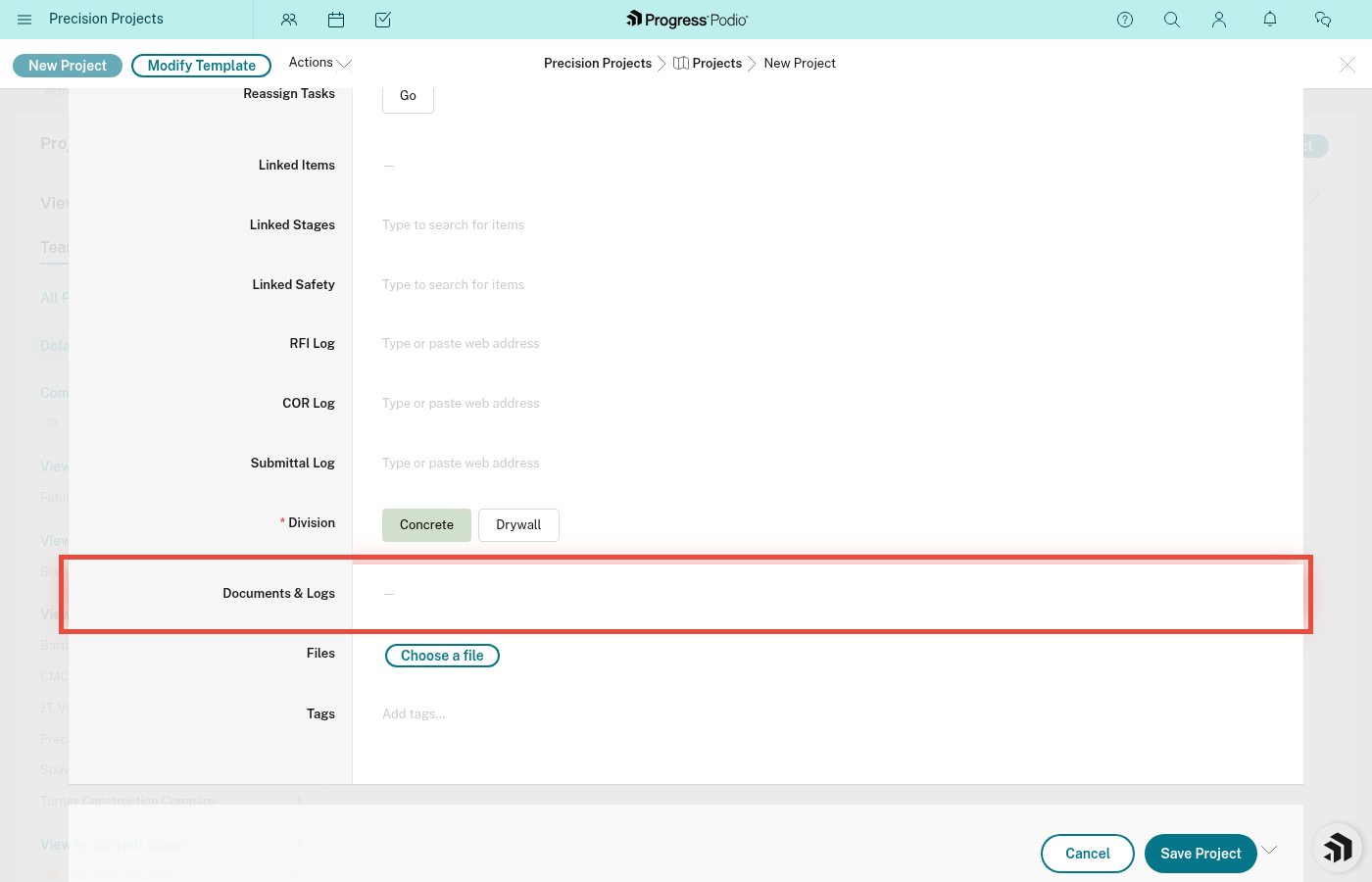 Documents & Logs upload area with files being dragged in