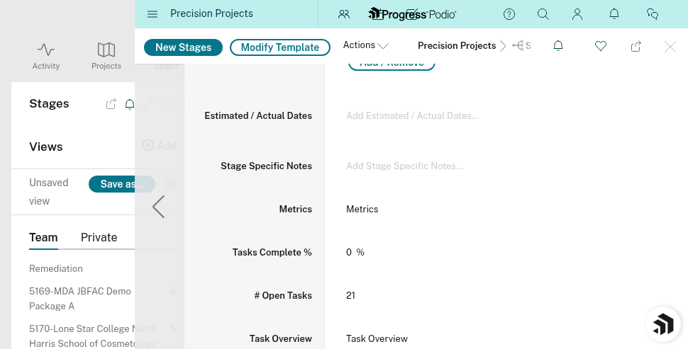 Construction stage showing completion metrics