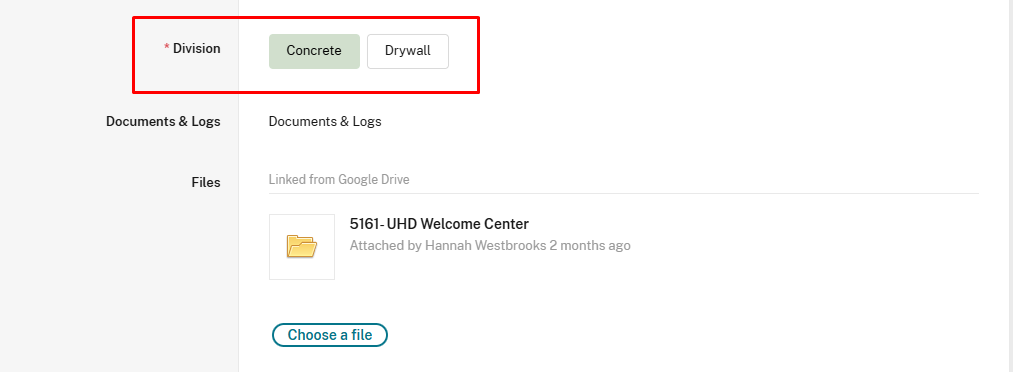 Division field showing Concrete and Drywall options