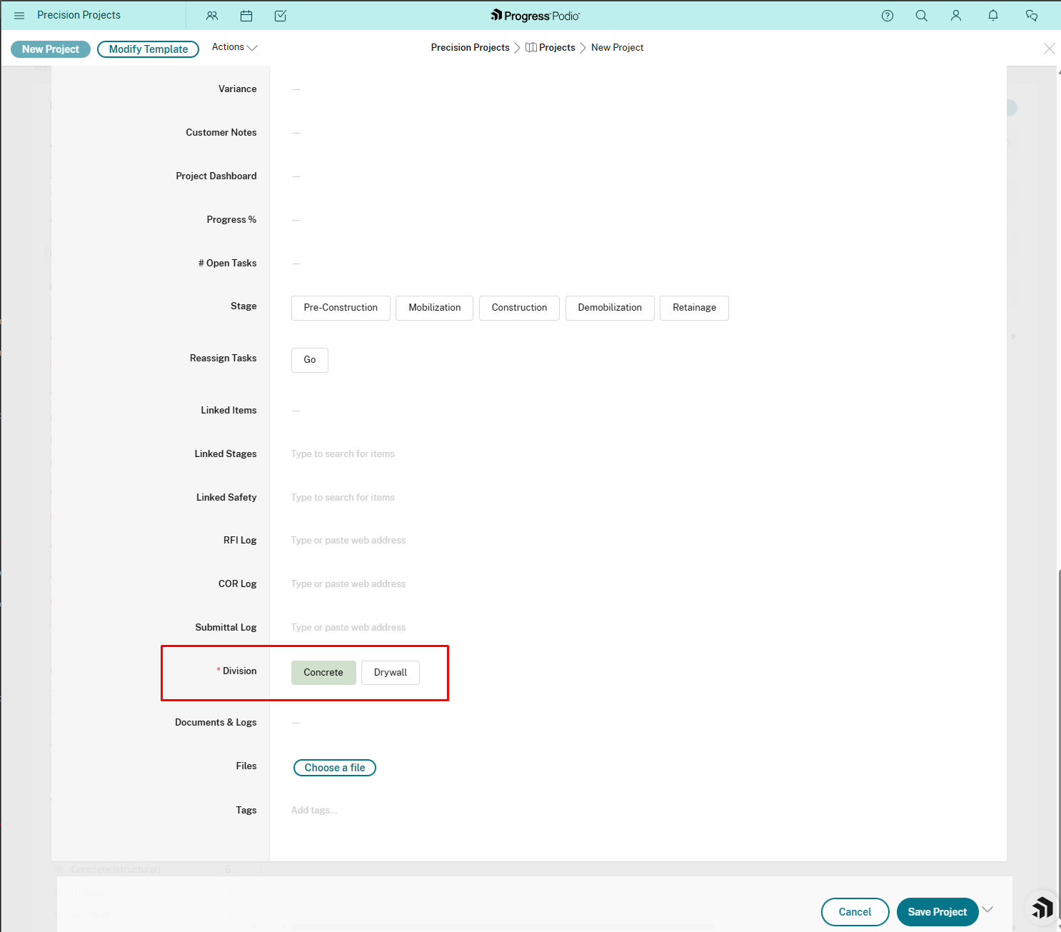Division field showing Concrete and Drywall options