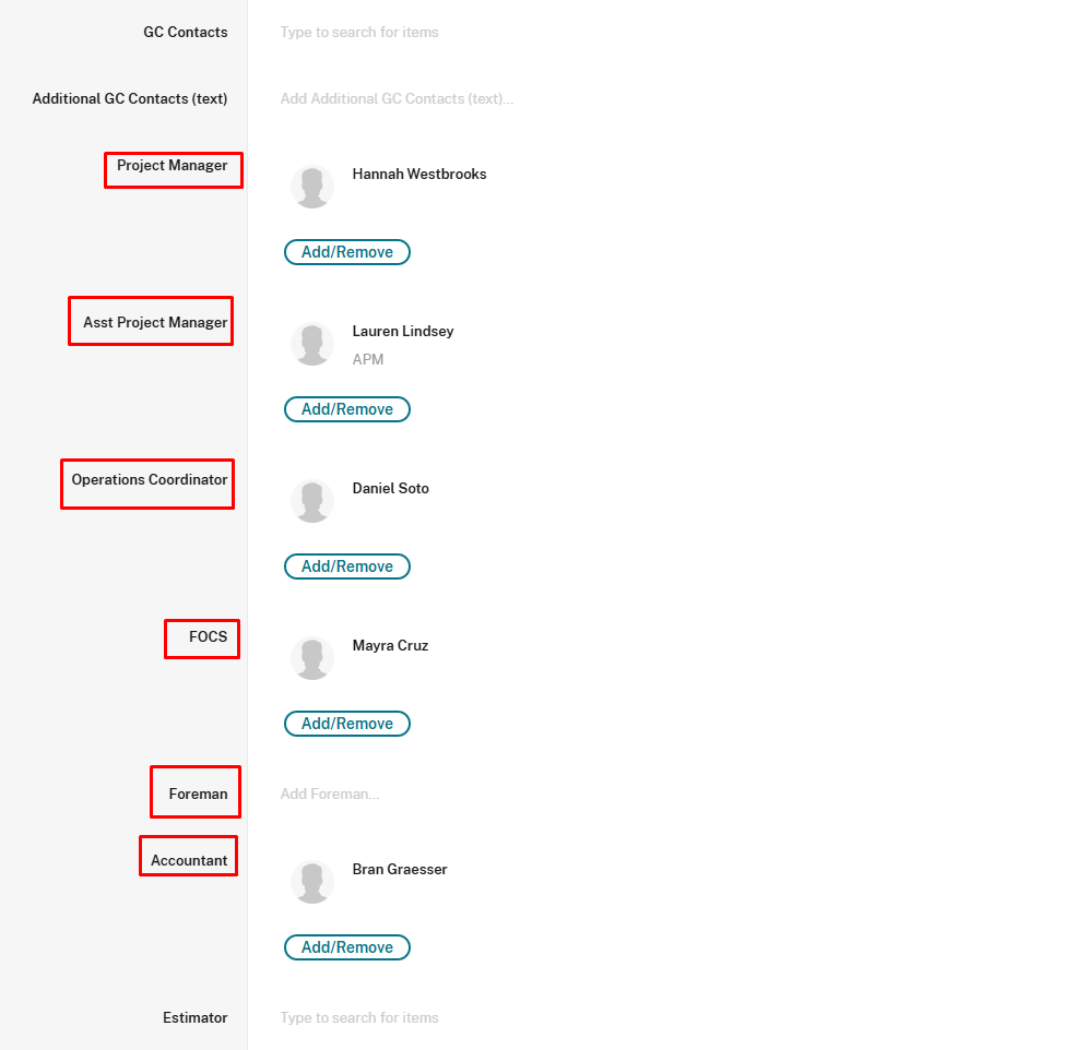 Team member fields - Project Manager, Asst PM, OC, FOCS, Foreman, Accountant