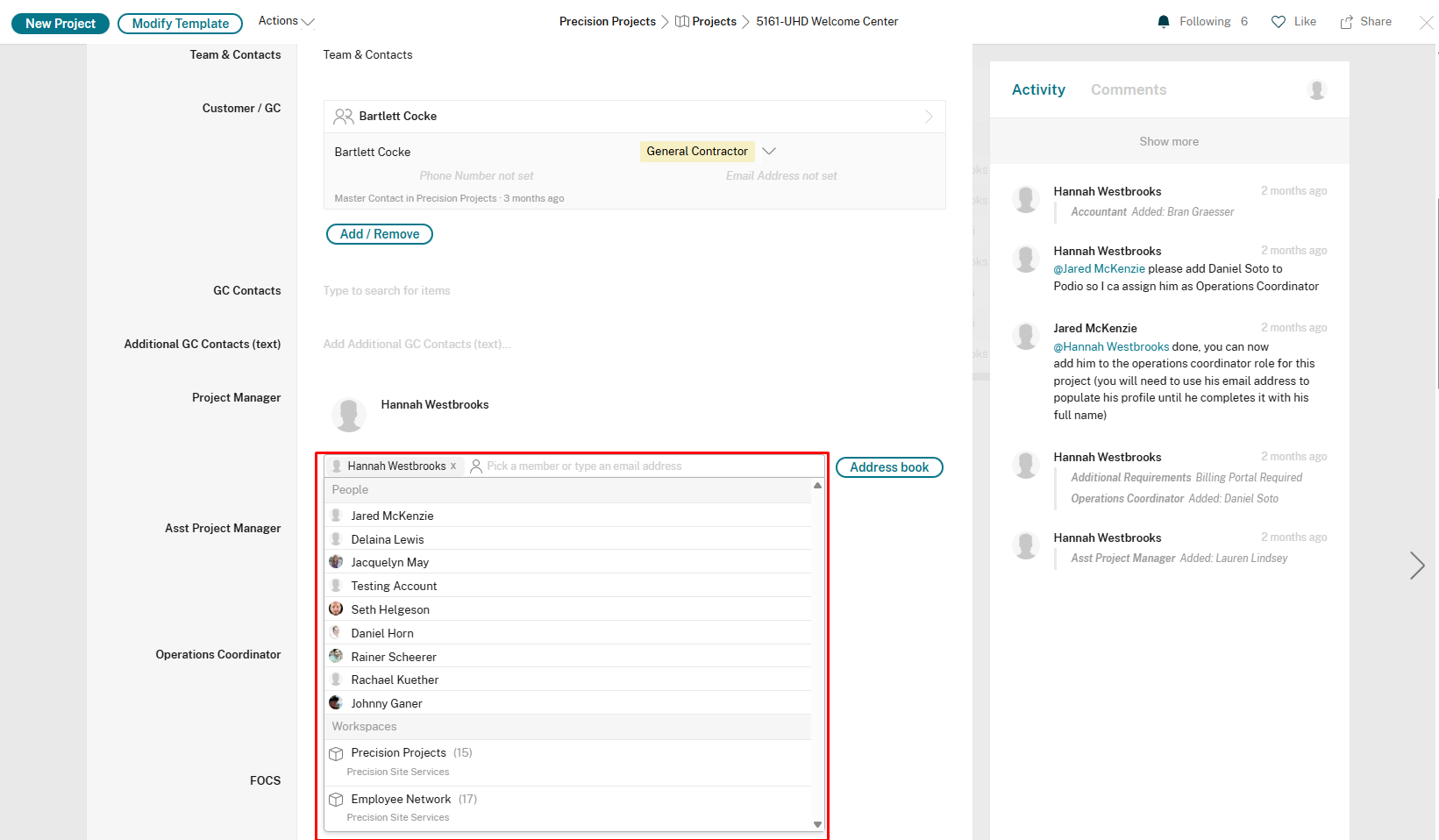 PM selection dropdown showing people list