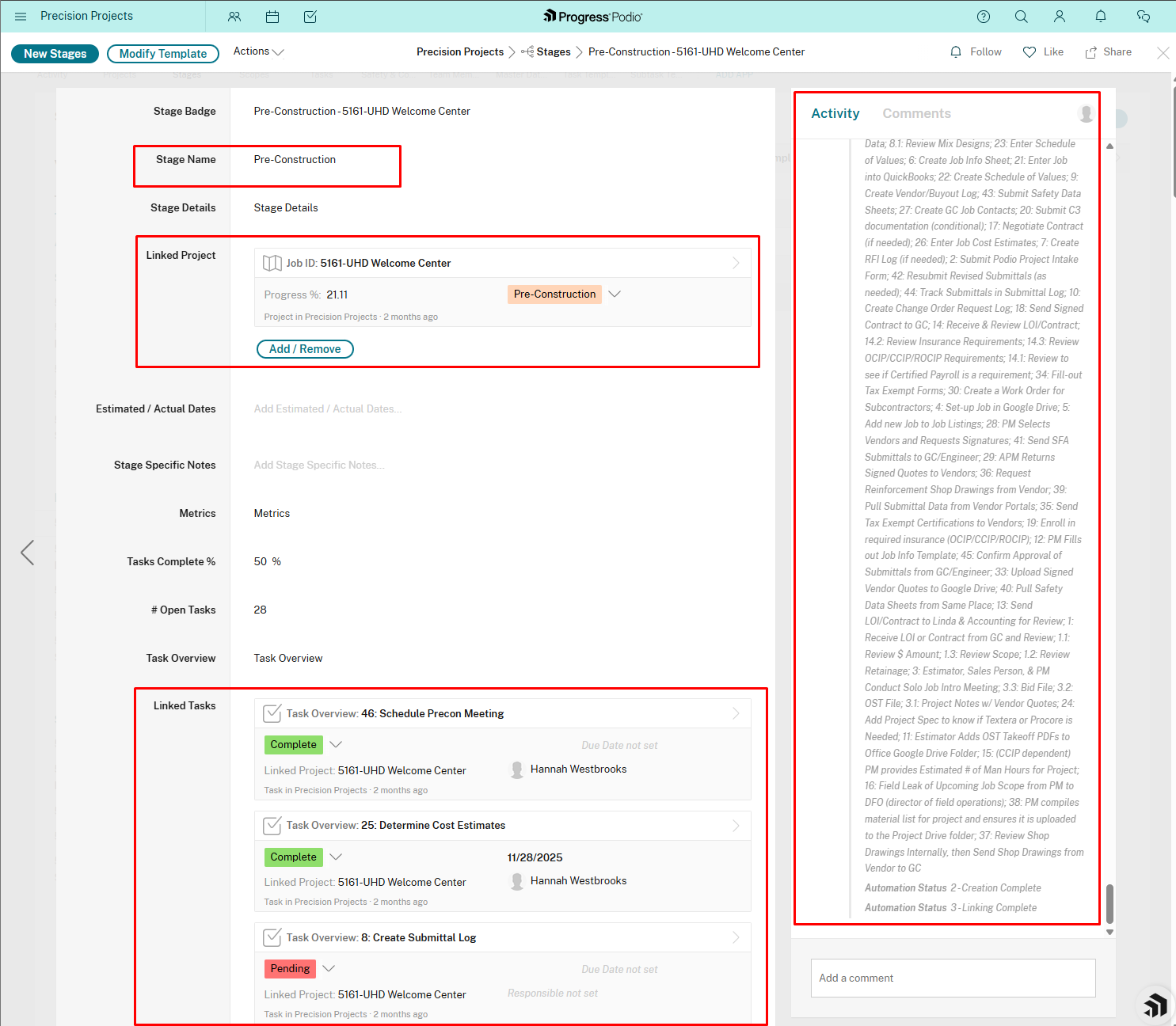 Pre-Construction stage showing linked project and tasks
