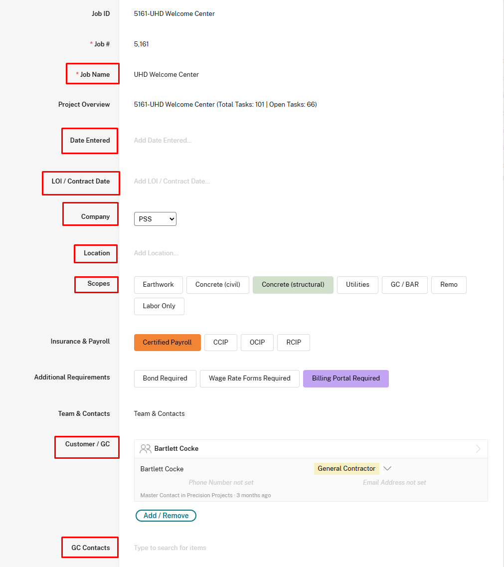 Project info fields - Job Name, Date Entered, LOI/Contract Date, Company, Location, Scopes, Customer/GC