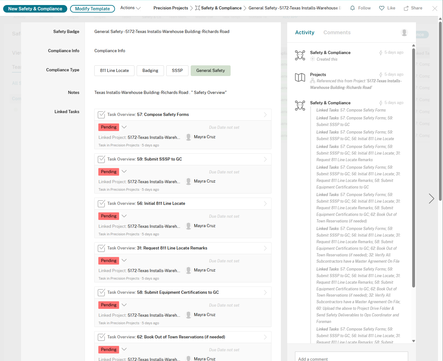 Safety & Compliance detail page showing compliance types and linked tasks