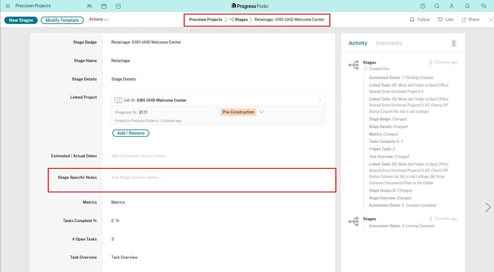Stage Specific Notes field with example text