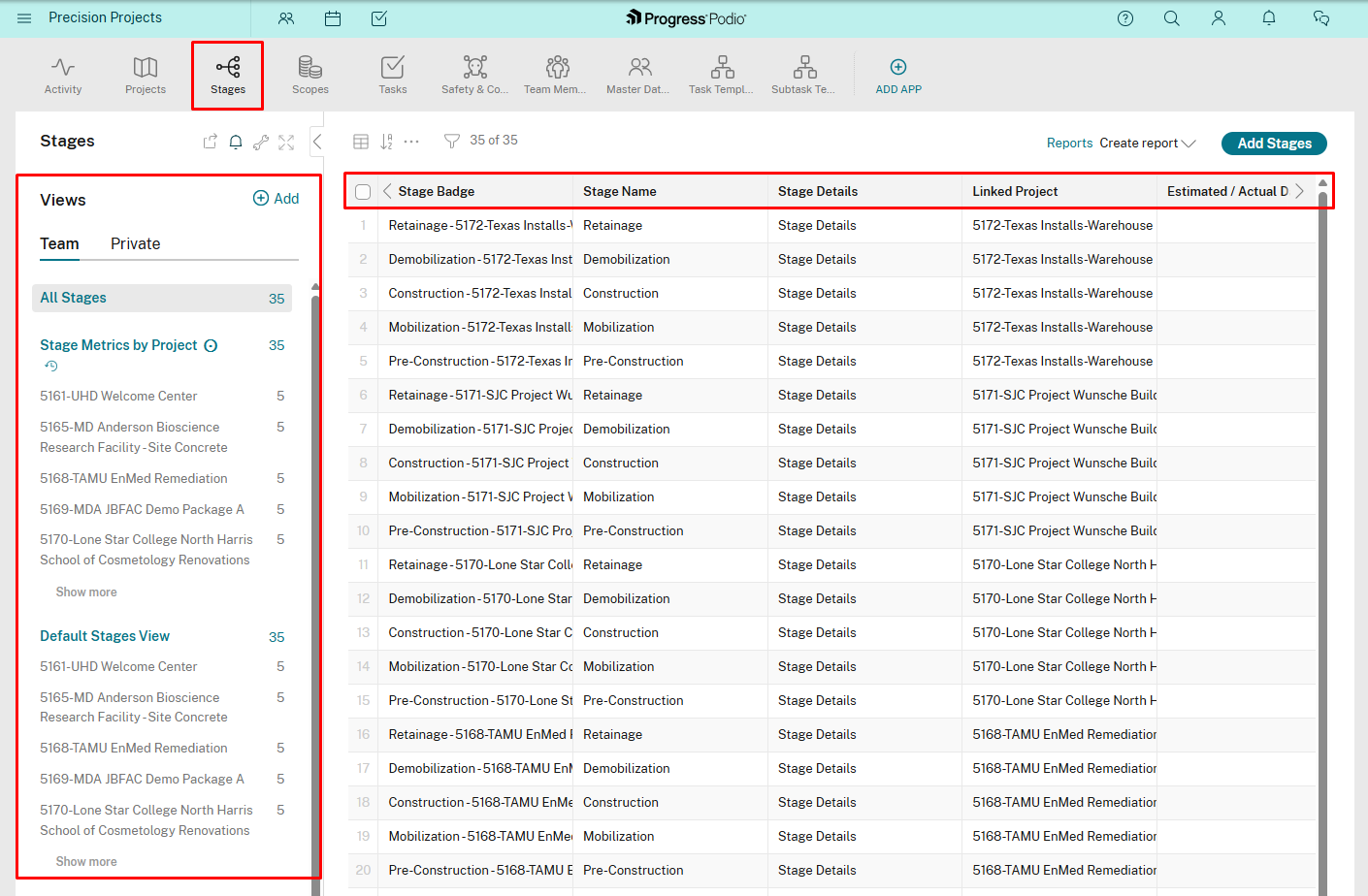 Stages app list view showing all stages across projects