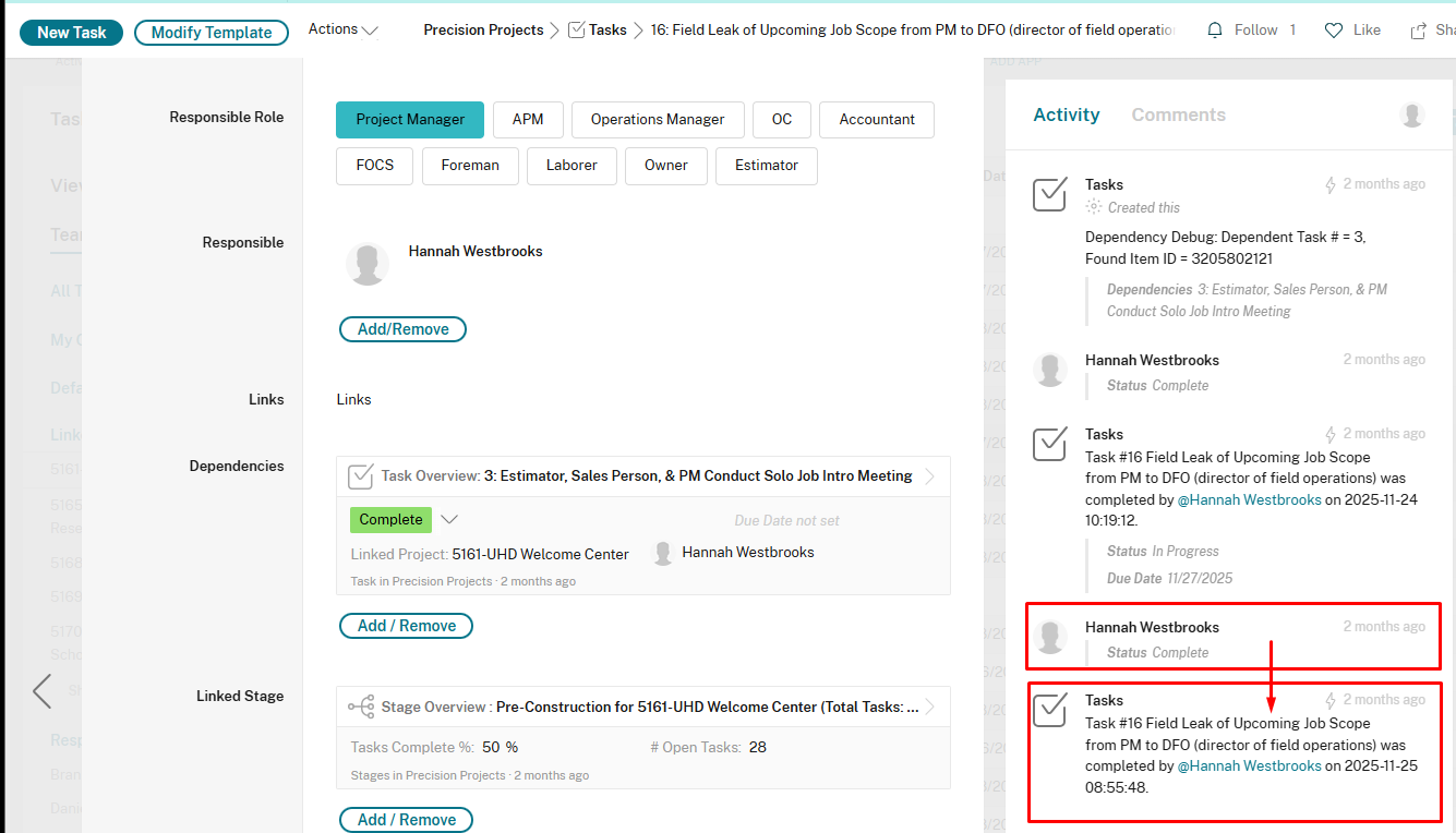 Task showing dependency chain in activity feed - status updates flow through