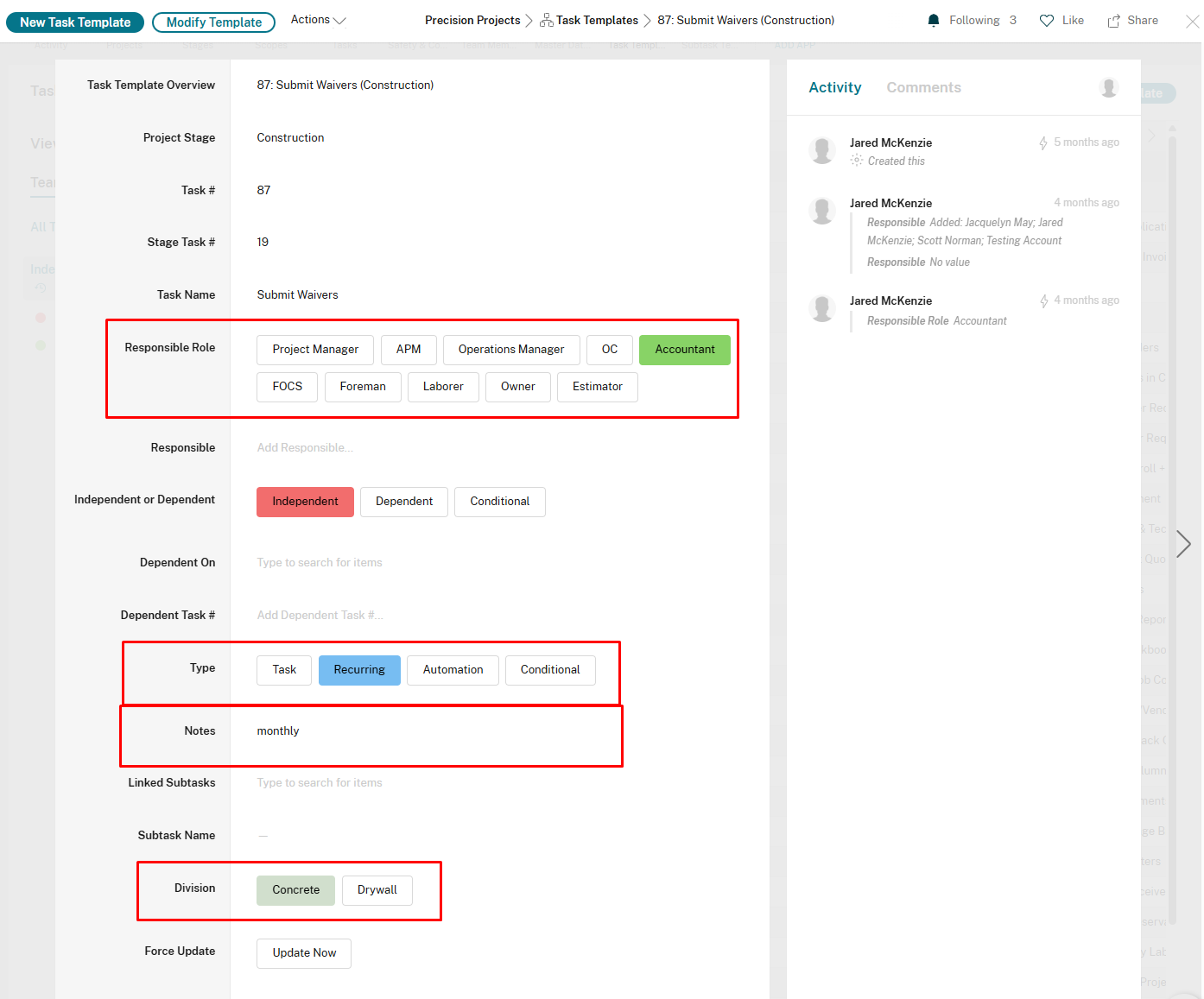 Task Template detail page showing key fields like Responsible Role, Type, Notes, and Division